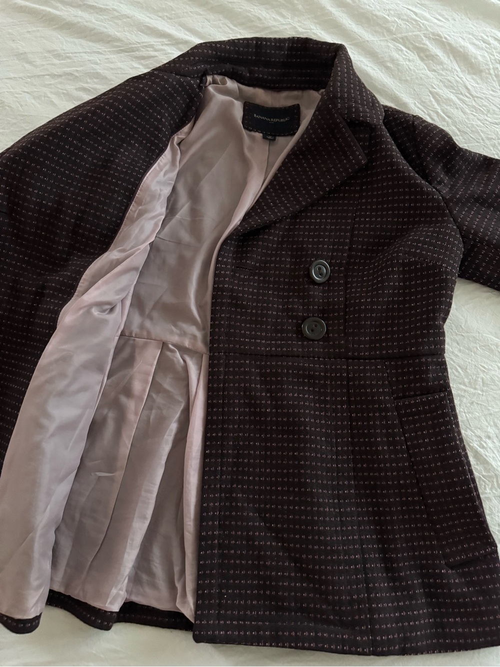 Banana Republic Wool Blend Brown Textured Woven Double-Breasted Peplum Jacket - Picture 7 of 14